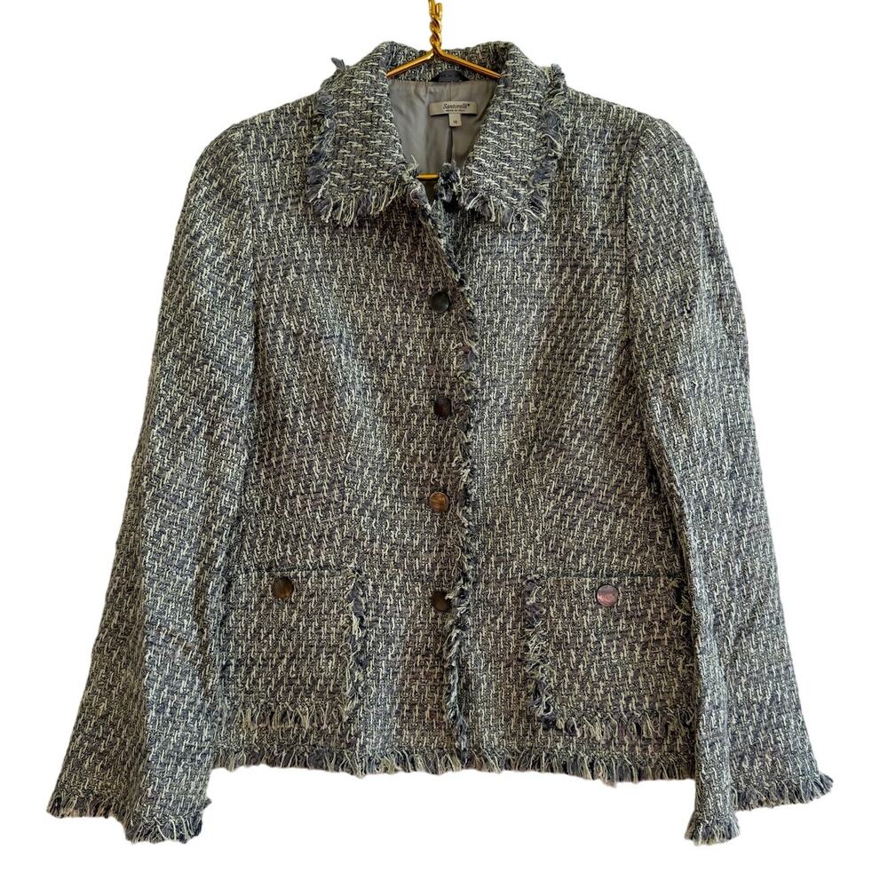 Santorelli Green Tweed Fringe Trim Collared Blazer Jacket Made in Italy Size 10